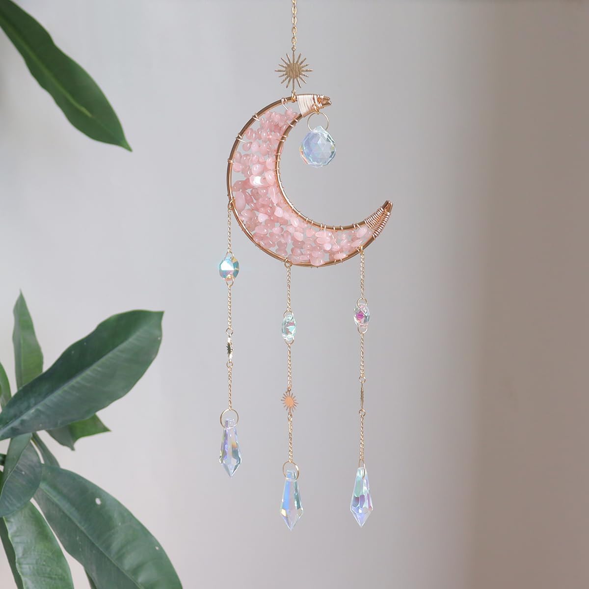 Moon Suncatcher Hanging Decor, Boho Chic Rose Quartz Crystal Sun Catcher, Spritual Sun Light