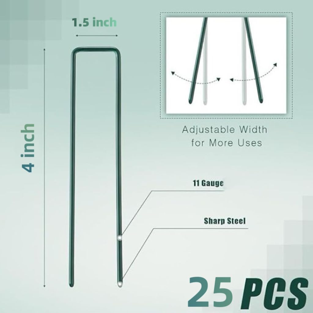 4 inch 25 Pack Green Galvanized Landscape Staples 11 Gauge Garden Stakes Pins Anti-Rust Ground