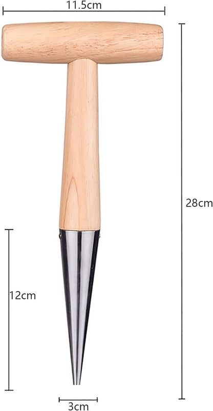 11" Stainless Steel Garden Dibber Bulb Planter with Wooden Handle, Bulb Planter for Sowing Seeds