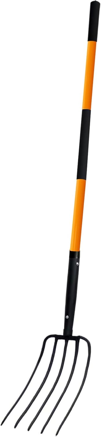 Pitch Fork-58 Inch，5-Tine Steel Garden Fork Heavy Duty, Mulch with Cushion Grip, Orange Fiberglass