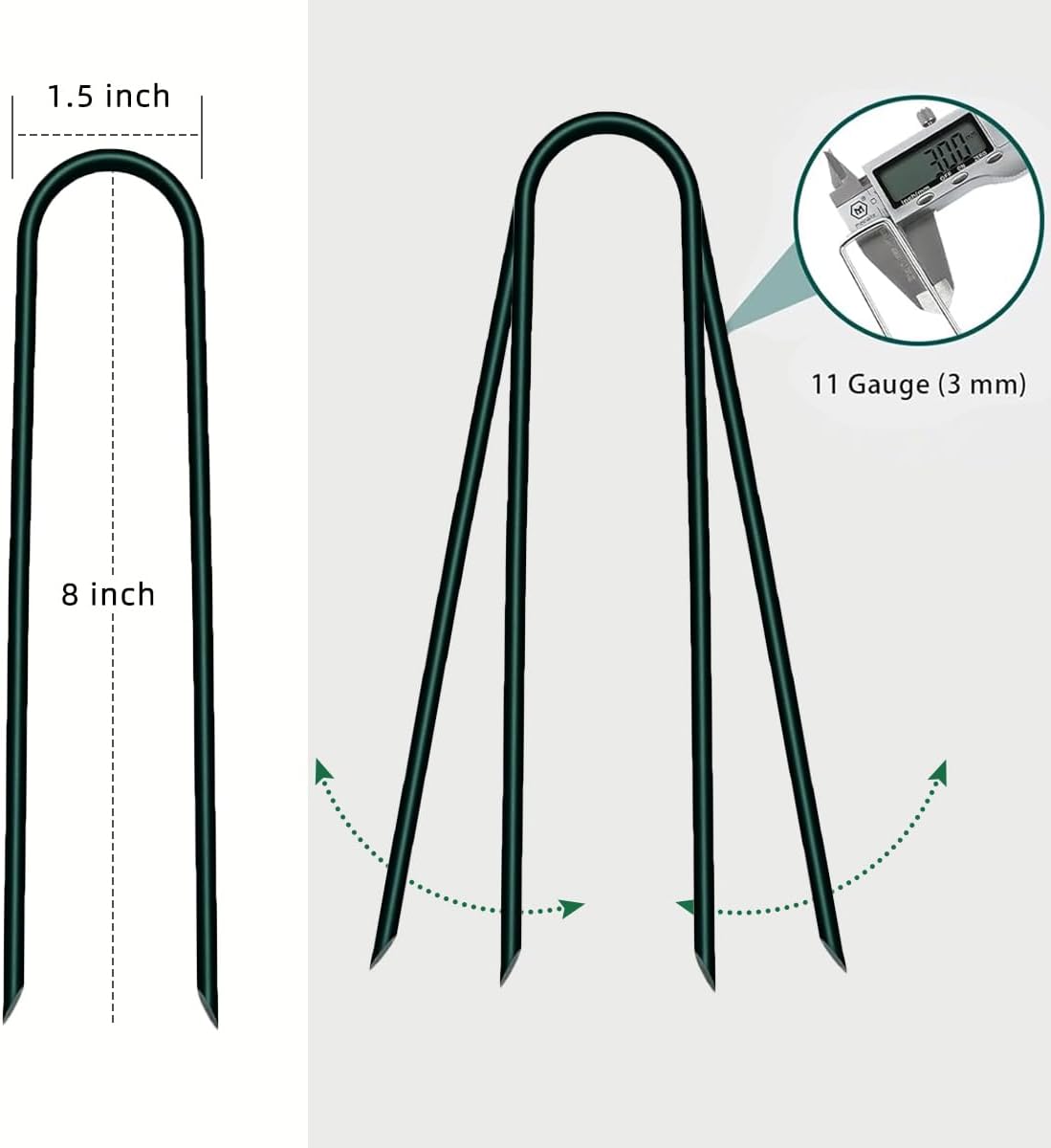 8 inch 20 Pack U Shape Green Garden Stakes,11 Gauge Garden Pins,U-Shaped Tent Stakes,Galvanized