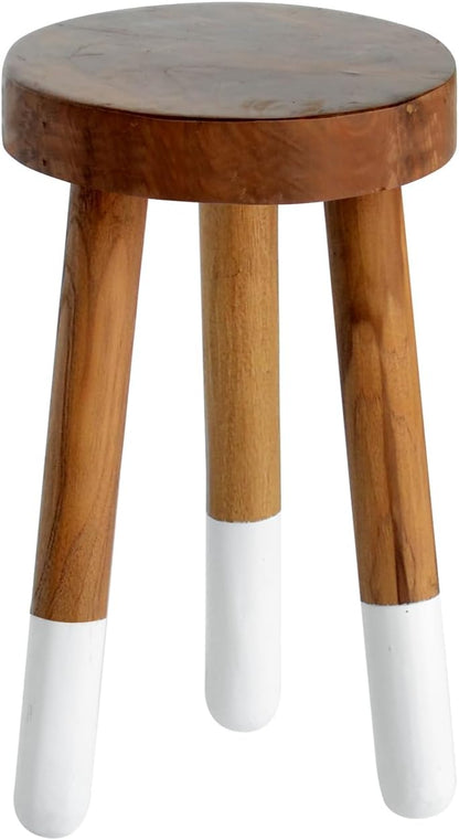 Teak 11.8" Round Dip Dyed Teak Stool | Wood Accent Side Table | Wood Plant Stand (24" Tall White)