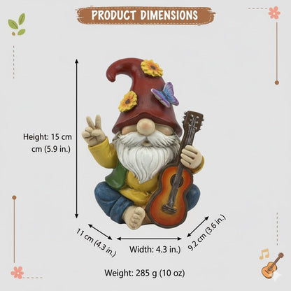 Peace Sign Garden Gnome Figurine Outdoor Statue, Funny Guitar Playing Dwarf Rock Music Decor - 6‘’