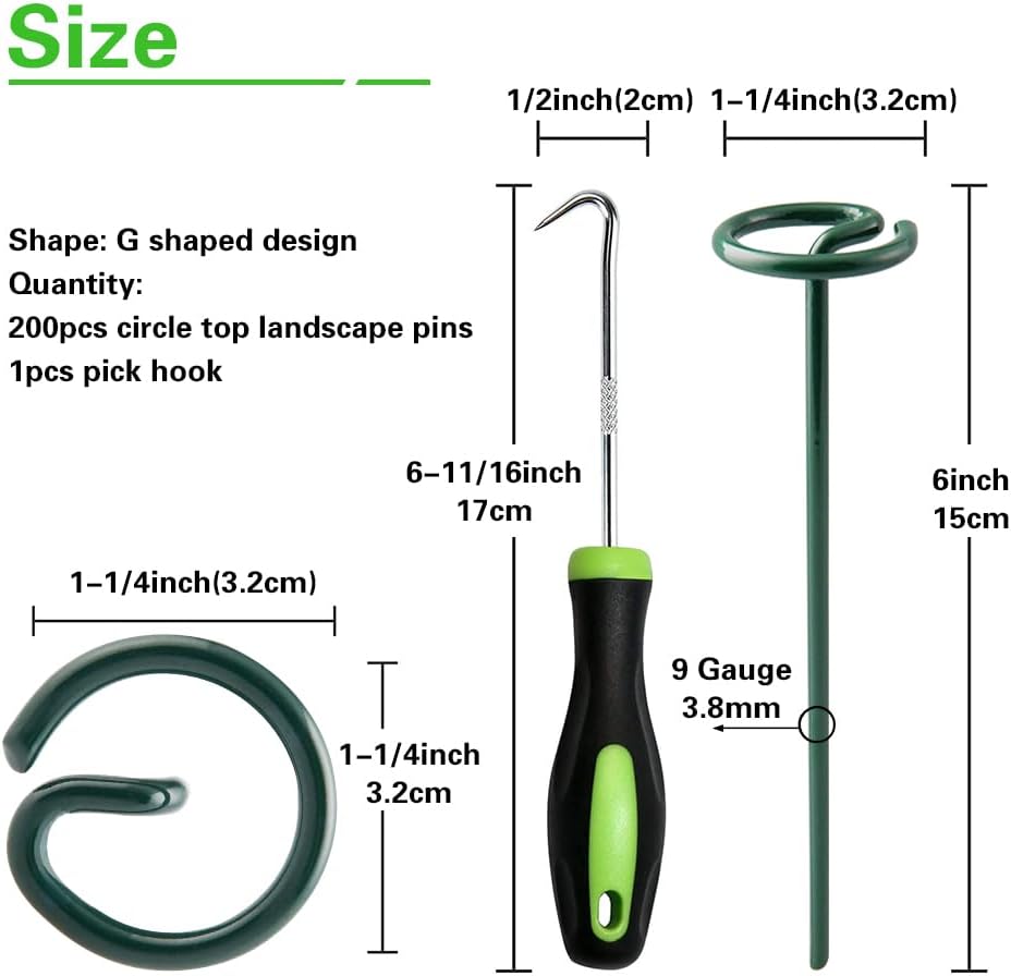 Bakulyor 200Pcs Circle Top Landscape Staples, 6 Inch Green Artificial Turf Stakes, 9 Gauge
