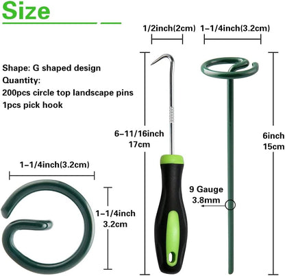 Bakulyor 200Pcs Circle Top Landscape Staples, 6 Inch Green Artificial Turf Stakes, 9 Gauge