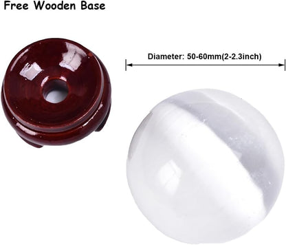 JIC Gem Selenite Crystal Ball with Wooden Stand Healing Crystal Sphere for Meditation, Home
