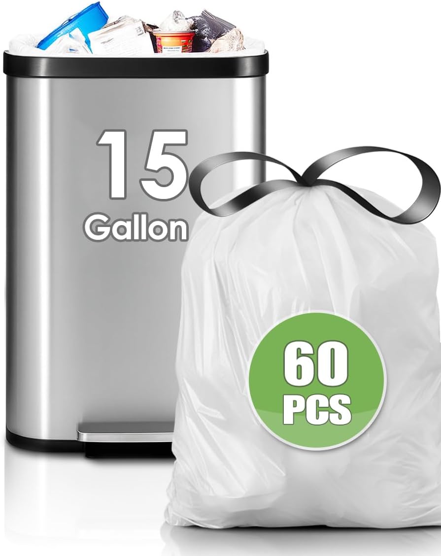 Teivio 15 Gallon 60 Counts Strong Tall Kitchen Drawstring Trash Bags, Medium Plastic Garbage Bags