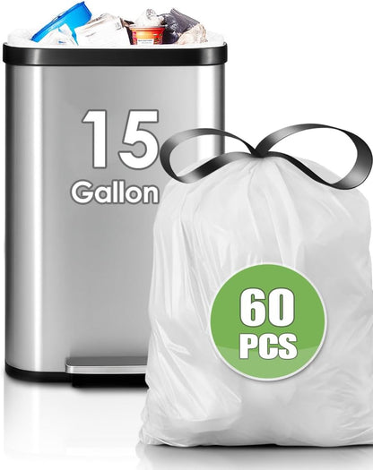 Teivio 15 Gallon 60 Counts Strong Tall Kitchen Drawstring Trash Bags, Medium Plastic Garbage Bags