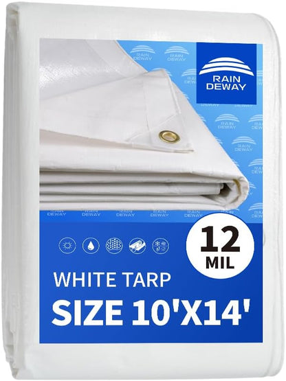 RAINDEWAY White Tarps 10x14 Feet,Heavy Duty Waterproof, 12 Mil Thick,UV Resistant, Weatherproof