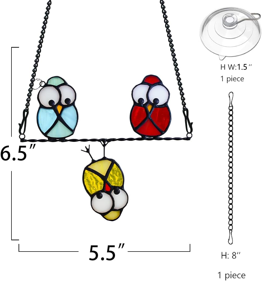 Multicolor Owl Stained Glass Suncatcher for Window,Birds Stained Glass Window Hangings,Bird