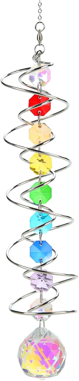 Suncatcher Wind Spinner Gazing Ball Spiral Tail, Crystal Sun Catchers with Seven Chakra Beads