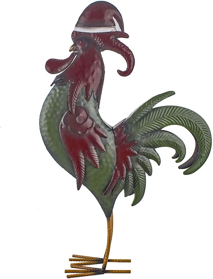Rooster Statue Creative Chicken Animal Sculpture with Christmas Hat Garden Decoration Metal Yard