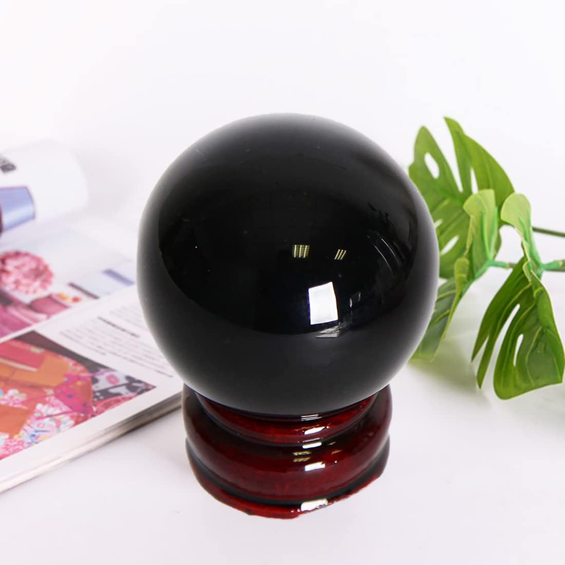 JIC Gem Small Black Crystal Ball - Obsidian Sphere with Wooden Stand for Feng Shui Healing