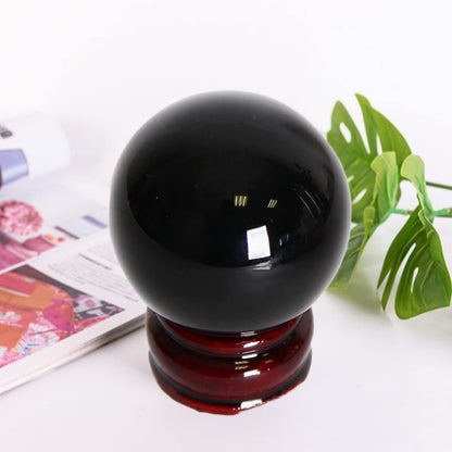 JIC Gem Small Black Crystal Ball - Obsidian Sphere with Wooden Stand for Feng Shui Healing