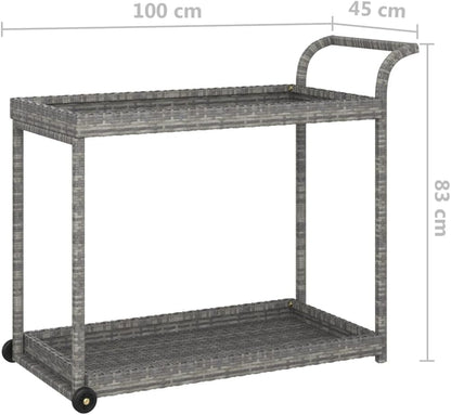 Outdoor Rolling Wicker Bar Cart with Storage Shelves, Portable Bar Cart with Wheels, Patio Kitchen