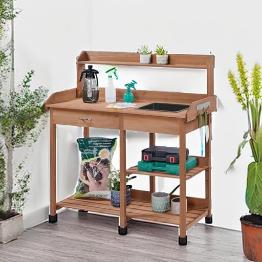 Yaheetech Potting Bench with Sink & Drawer, Outdoor Gardening Table, Brown