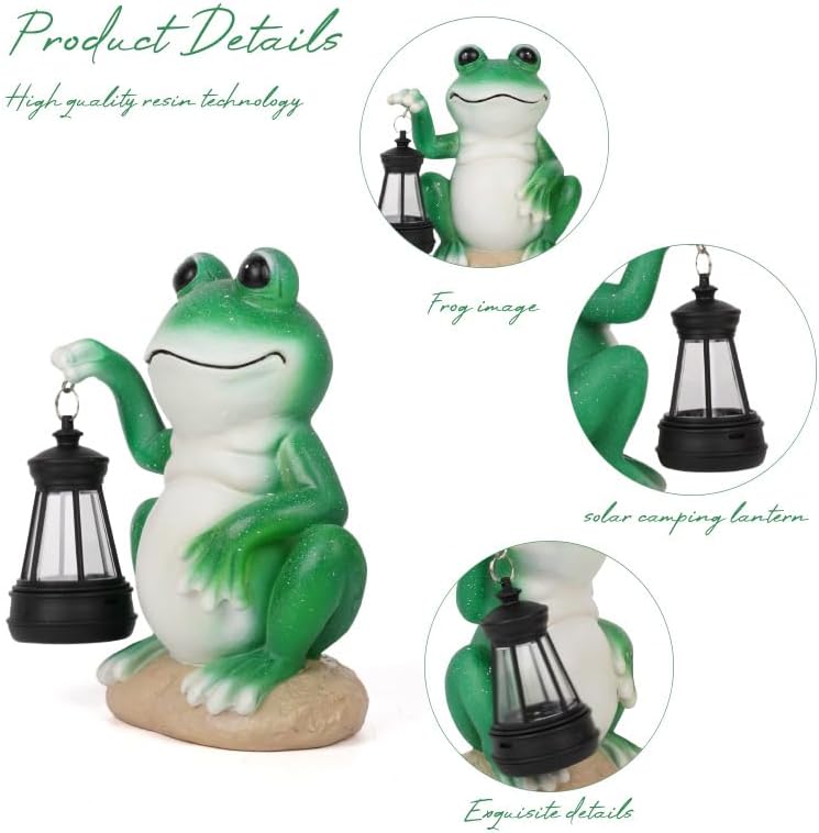Frog Garden Statues with Solar Lantern, Outdoor Figurine Resin Sculpture Hanging Solar Power Lights