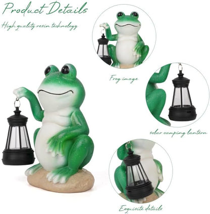 Frog Garden Statues with Solar Lantern, Outdoor Figurine Resin Sculpture Hanging Solar Power Lights