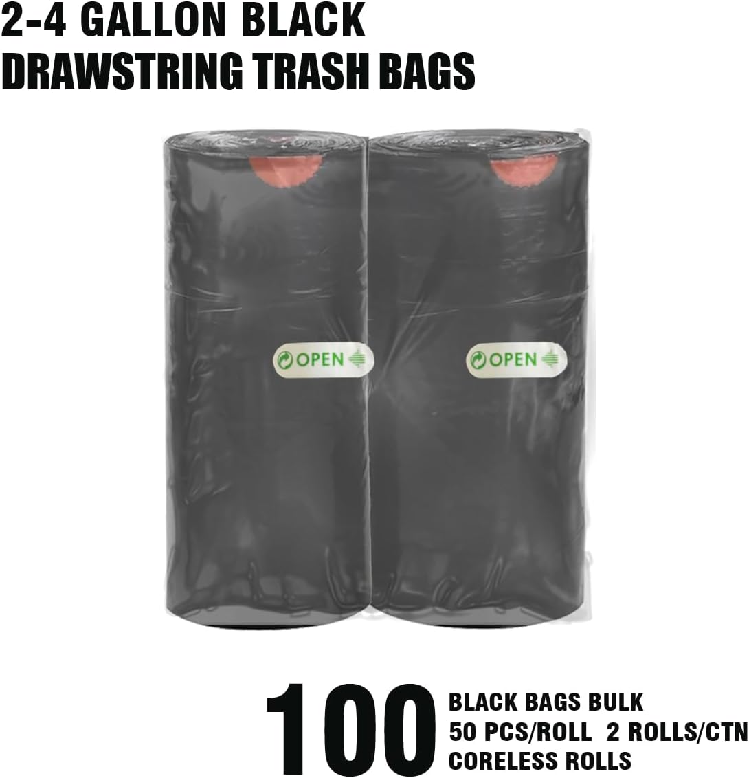 2-4 Gallon Trash Bags Drawstring, 100 Count Bulk, Black & Unscented Small Multi-purpose Garbage