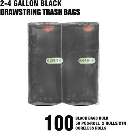 2-4 Gallon Trash Bags Drawstring, 100 Count Bulk, Black & Unscented Small Multi-purpose Garbage