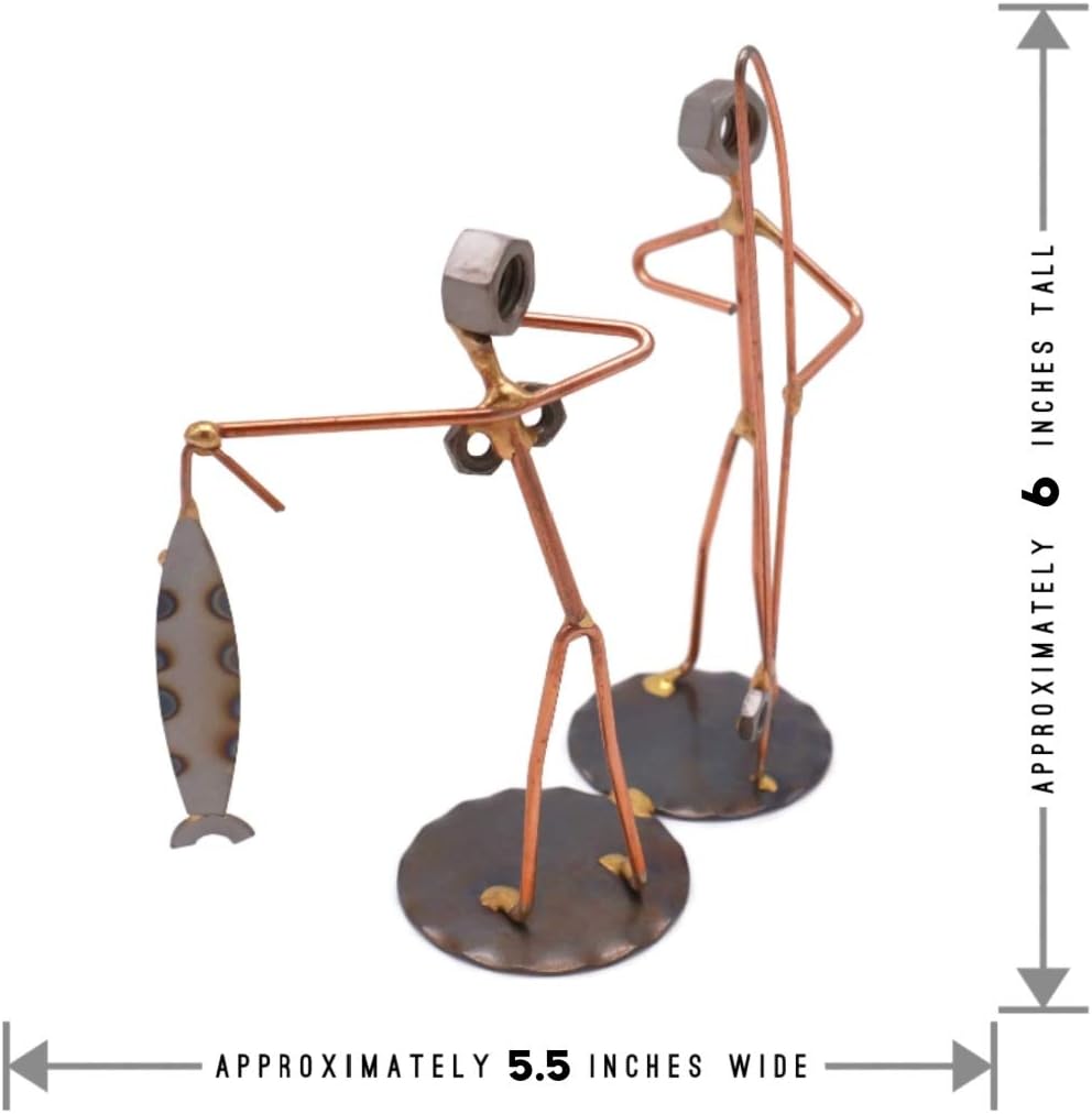 Fisherman with Wife Collectible Handmade Metal Art Figurine, Desk Accessories, Trophy, Boss Gift
