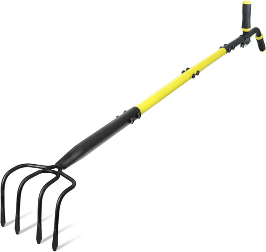 Jardineer 4-Tine Cultivator Rake with Auxiliary Handle, Garden Cultivator Long Handle, Hand Tiller