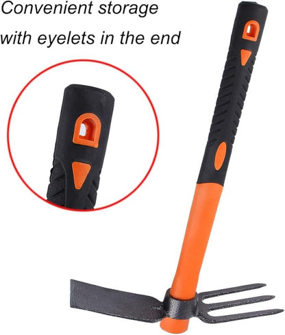 3 Sprongs Dual Head Rake Hoe with Heavy Duty Forged Adze and Ergonomic Non-Slip Handle for