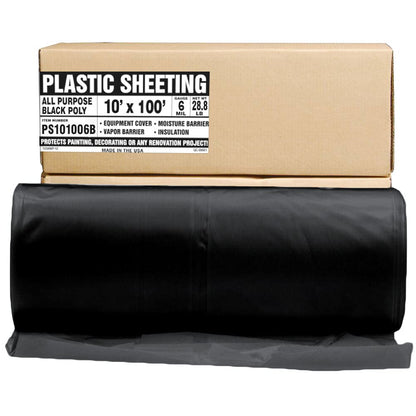 Aluf Plastics Black Plastic Sheeting - 10' x 100', 6 MIL Heavy Duty Gauge - Vapor and Moisture