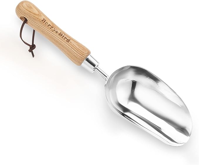 Berry&Bird Garden Loose Soil Scoop, Stainless Steel Hand Shovel Spade with Wood Handle Multi