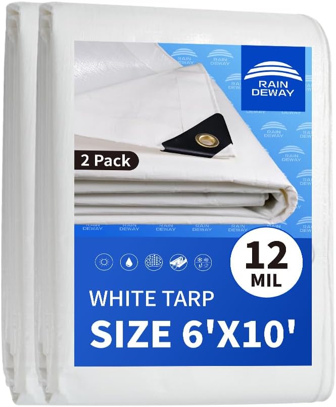 RAINDEWAY 12 Mil Heavy Duty White Tarp 6x10 Feet (2 Pack), UV Resistant, Waterproof, Weatherproof