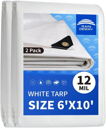 RAINDEWAY 12 Mil Heavy Duty White Tarp 6x10 Feet (2 Pack), UV Resistant, Waterproof, Weatherproof