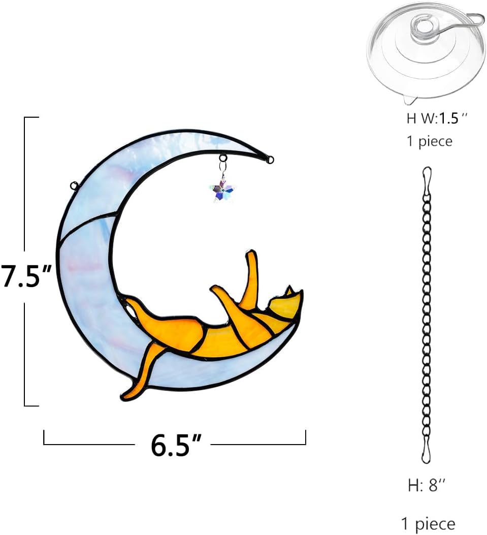 Orange Cat on Moon Stained Glass Suncatchers Star Crystal Decor,Rainbow Stained Glass Window