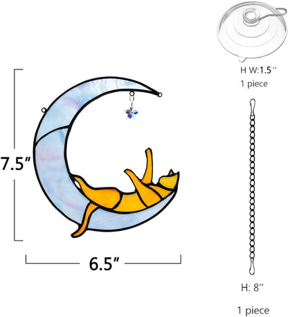 Orange Cat on Moon Stained Glass Suncatchers Star Crystal Decor,Rainbow Stained Glass Window