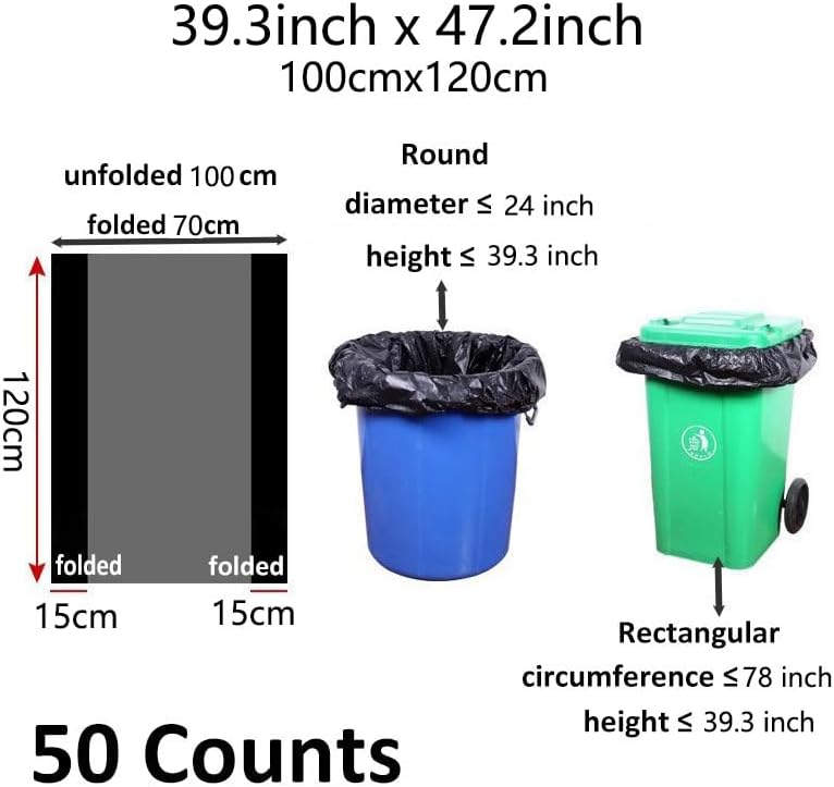 45 Gallon Trash Bags 1.8 Mil -39.3''x47.2'' Pack of 50 Thick Large Heavy Duty Multi-Use Garbage