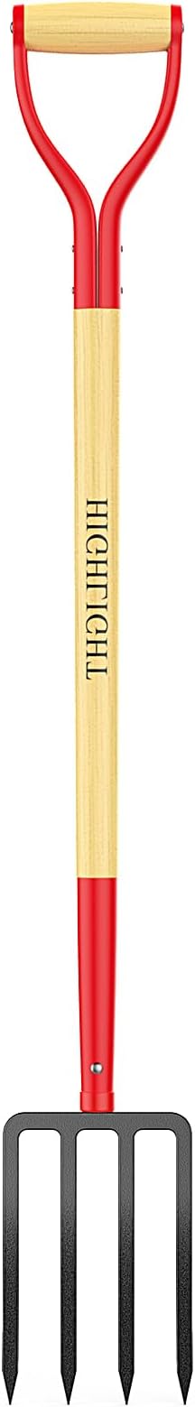 HIGHLIGHT Garden Fork, 4-Tine Spading Fork, Compost Fork, Steel Digging Fork, 45Inch, Steel D-Grip