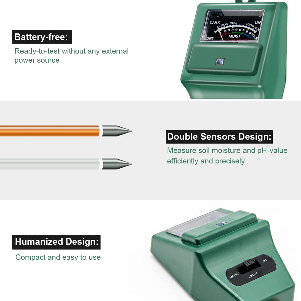 SONKIR Soil pH Meter, MS02 3-in-1 Soil Moisture/Light/pH Tester Gardening Tool Kits for Plant Care