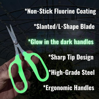 Obsidian Drake Pro Hort Trimming Scissors - Non-Stick Fluorine L-Shape Blade - Glow in the Dark