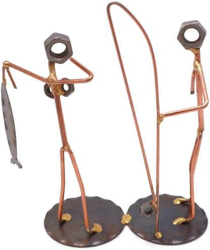 Fisherman with Wife Collectible Handmade Metal Art Figurine, Desk Accessories, Trophy, Boss Gift