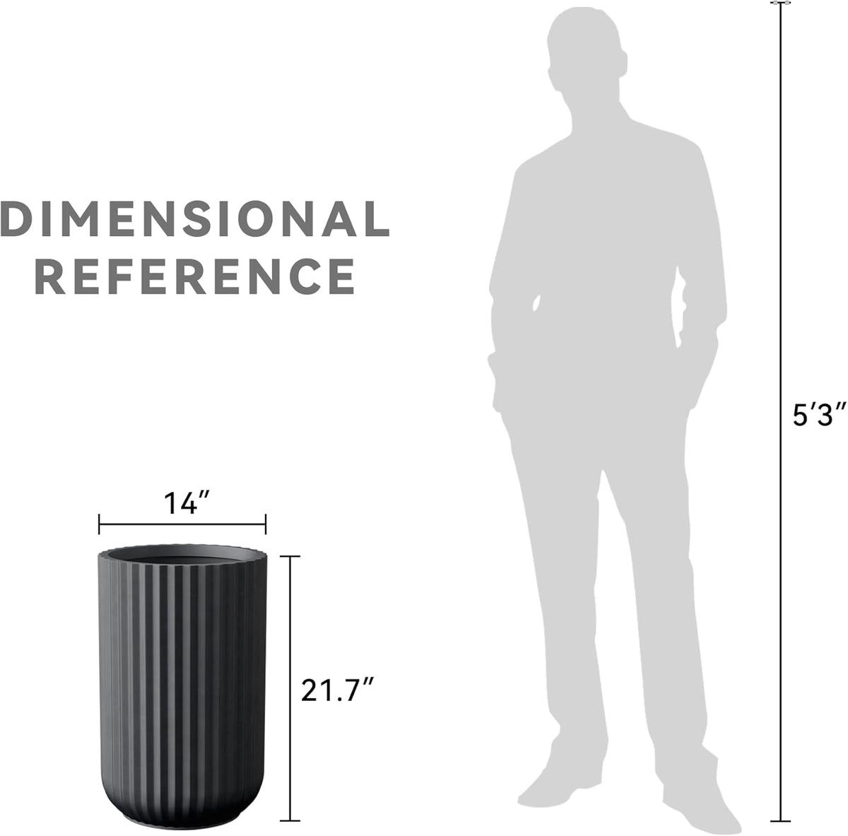 Kante Tall Fulted Planter, 21.7 Inch Tall Round Concrete Plant Pots with Drainage Hole and Rubber