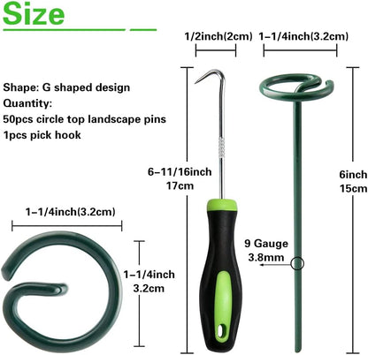 Bakulyor 50Pcs Circle Top Landscape Staples, 6 Inch Green Artificial Turf Stakes, 9 Gauge Landscape