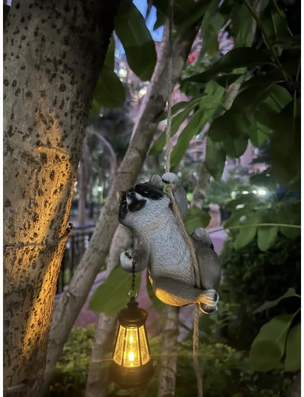 Raccoon Garden Decor Outdoor Statues Resin Climbing Twine with LED Light Waterproof Hanging Animal