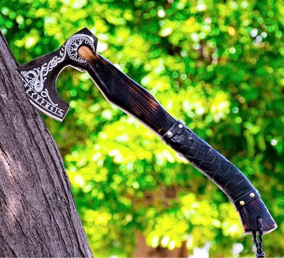 SHINY CRAFTS® Handcrafted Decorative Viking Axe with Leather-Wrapped Handle & Sheath – Engraved