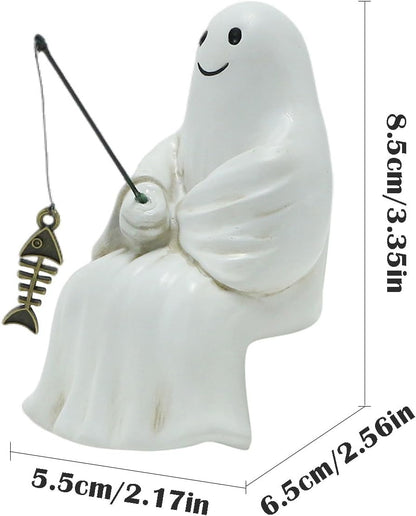 Fishing Ghost Statue Funny Halloween Decorations, 3.35 Inch Cute Sitting Ghost Figurine Shelf