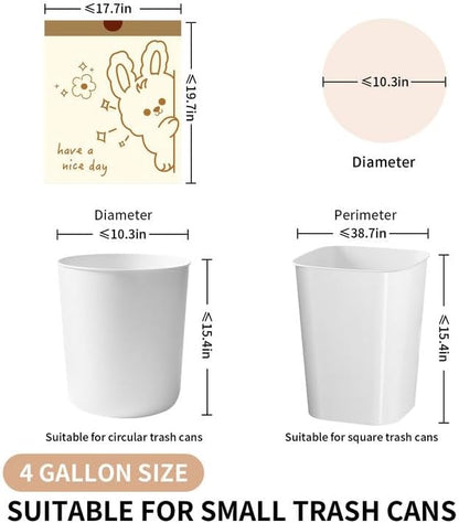 4 Gallon Trash Bags with Cute Rabbit Printed & Drawstring, Tear-Resistant Small Bathroom Garbage
