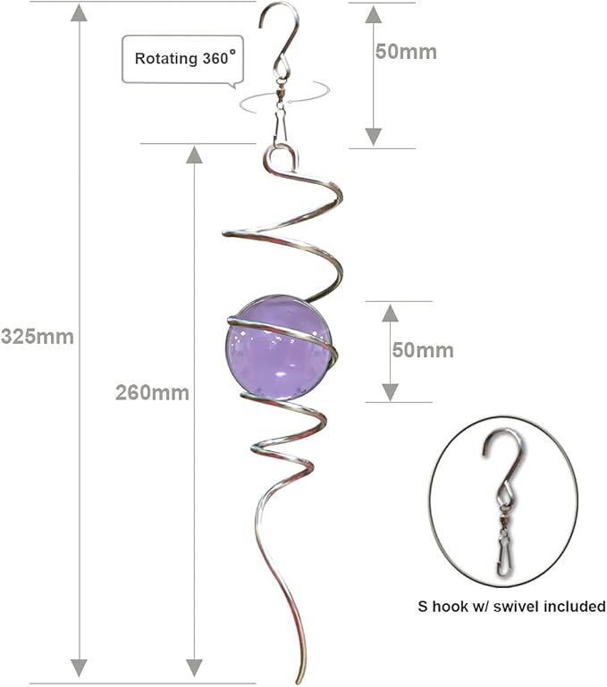Fonmy Purple Gazing Ball Spiral Tail Wind Spinner Stabilizer with Swivel Hook 11inch Stainless