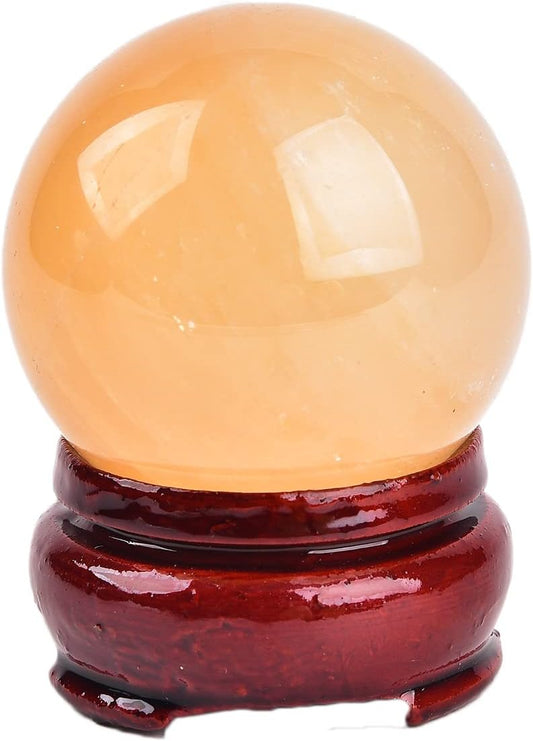 JIC Gem 2inch Natural Orange Calcite Healing Quartz Crystal Sphere Gemstone Ball with Wood Stand