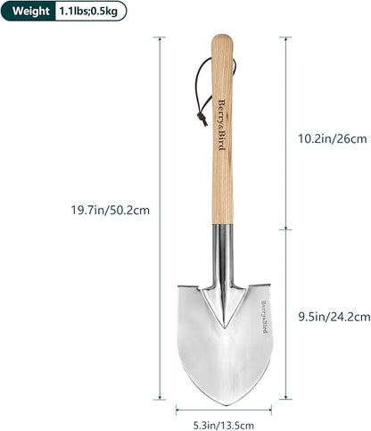 Berry&Bird Short Hand Shovel, 19.8’’ Digging Trowel for Gardening with Wood Handle Stainless Steel