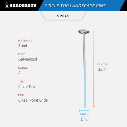 Sandbaggy 12-inch Circle Top Pins - Landscape Staples (Galvanized) - Garden Stakes for Landscaping
