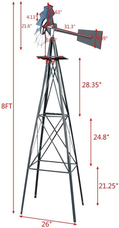 8FT Windmill for Yard Garden Decoration with Weather Vanes，Heavy Duty Outdoor Wind Mills, Large