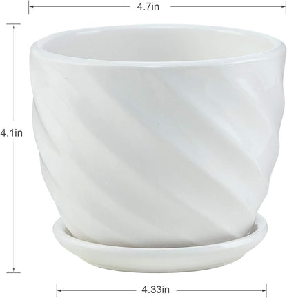 Plant Pots - 4.7 Inch Cylinder Ceramic Planters with Connected Saucer, Pots for Succuelnt and
